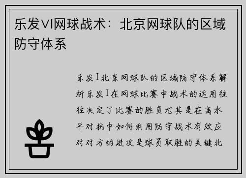 乐发∨I网球战术：北京网球队的区域防守体系